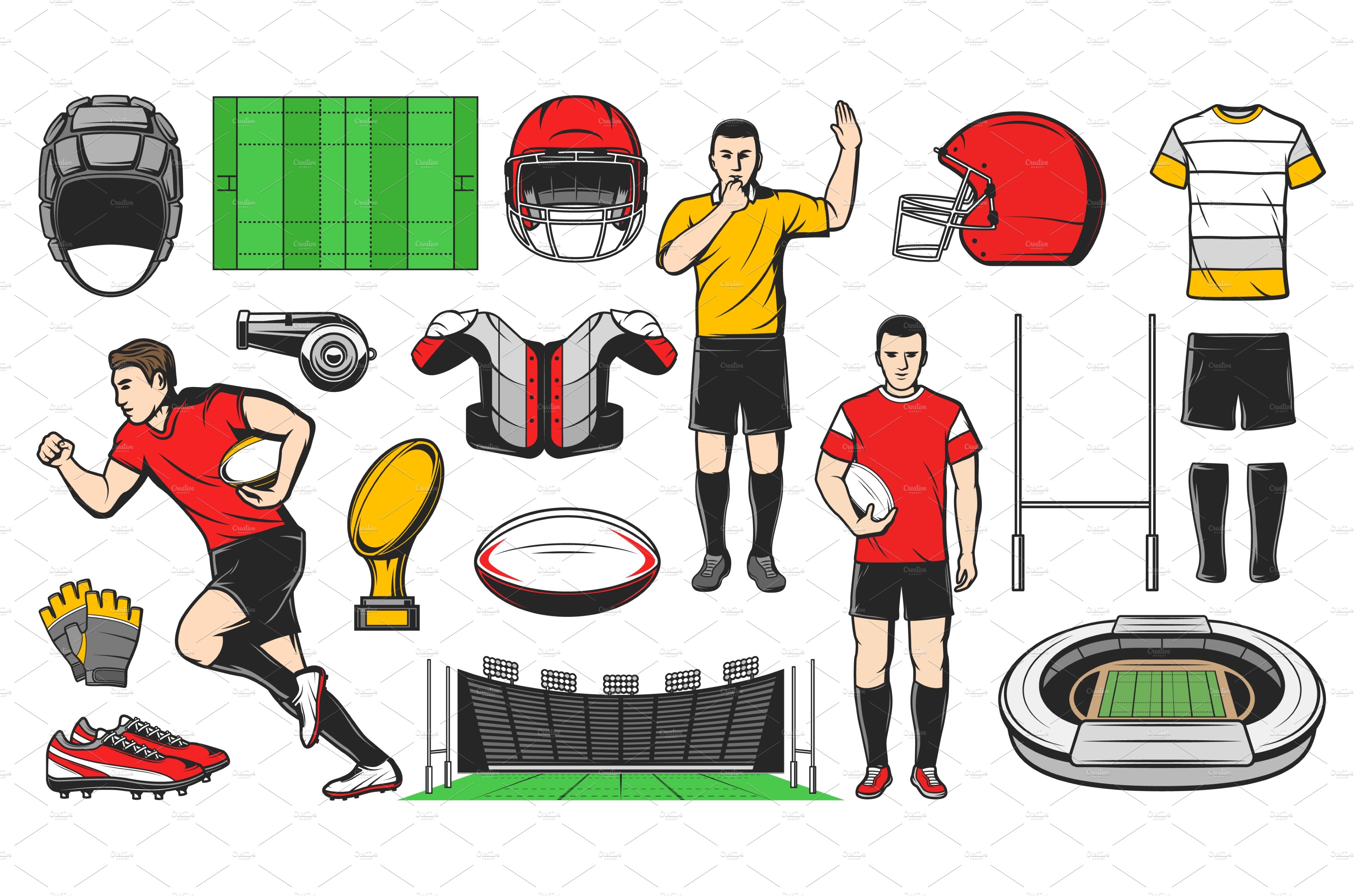 Rugby sport items and players cover image.