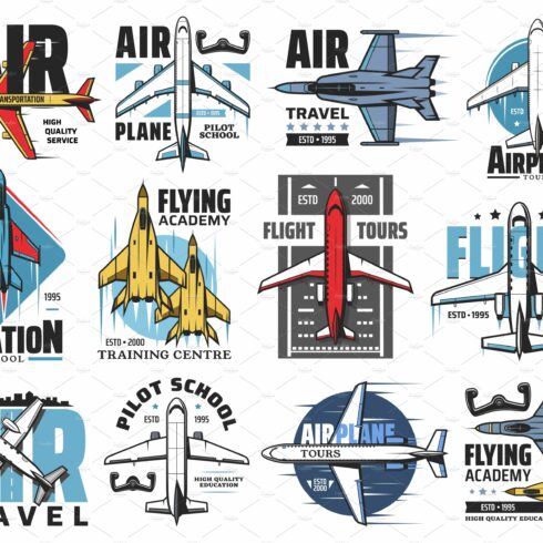 Airplane pilot school aviation icons cover image.