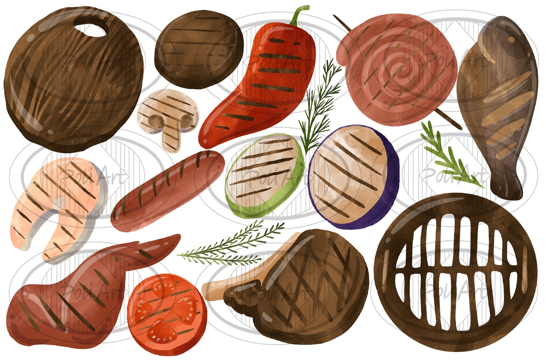 Watercolor BBQ clipart preview image.