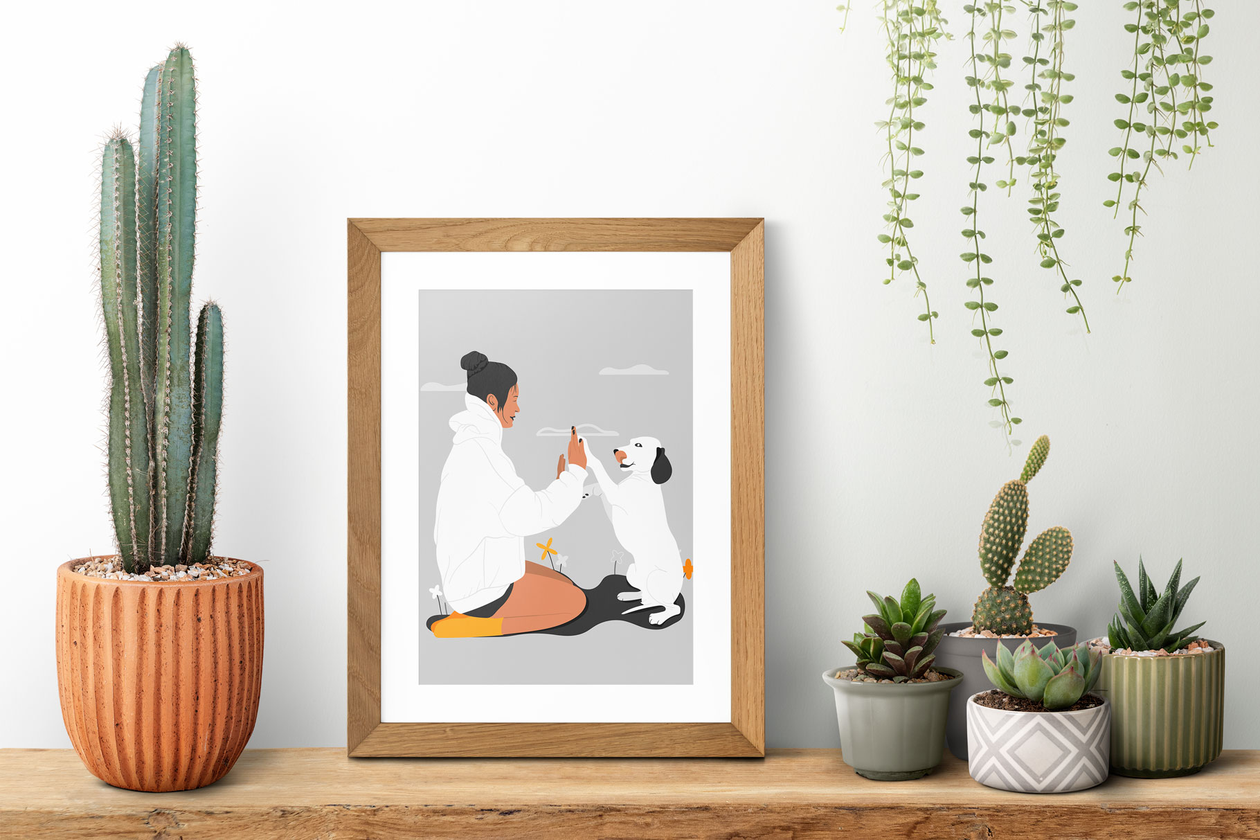 Picture of a woman sitting on a shelf next to a potted plant.