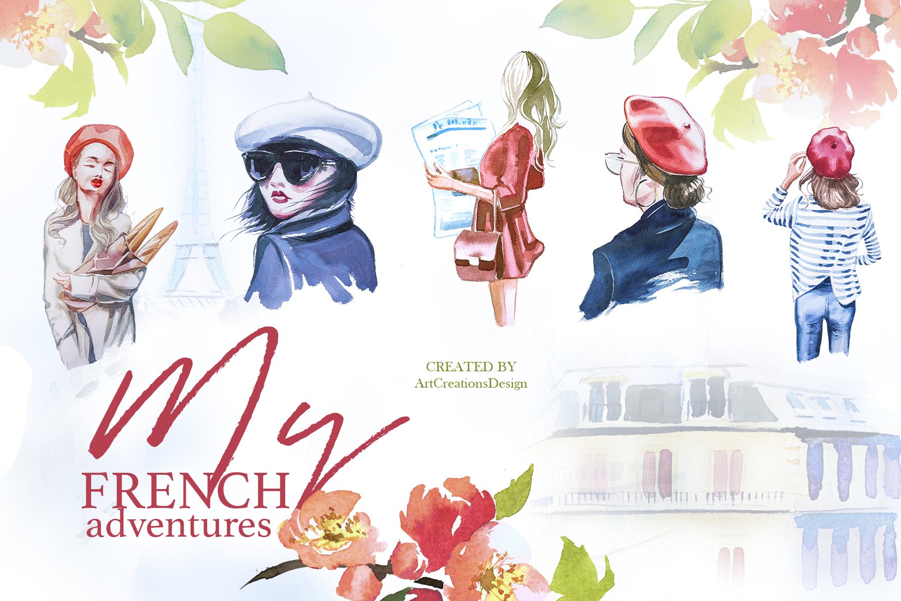 Watercolor French Adventures Clipart preview image.
