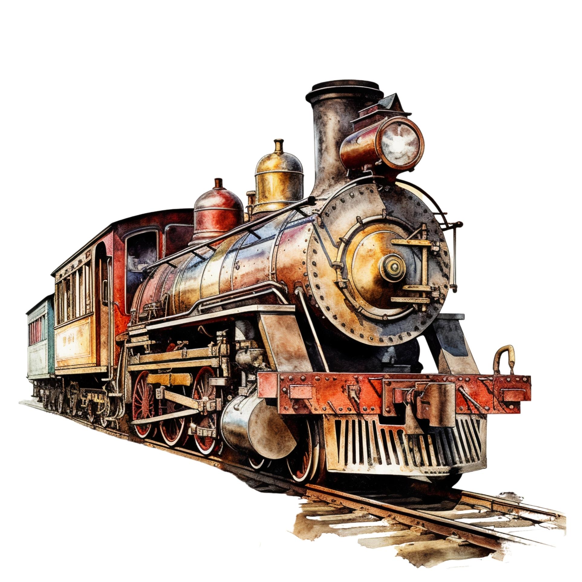 Vintage Train Watercolor Clipart Bundle, Train tracks, Railroad station, Transparent PNG preview image.