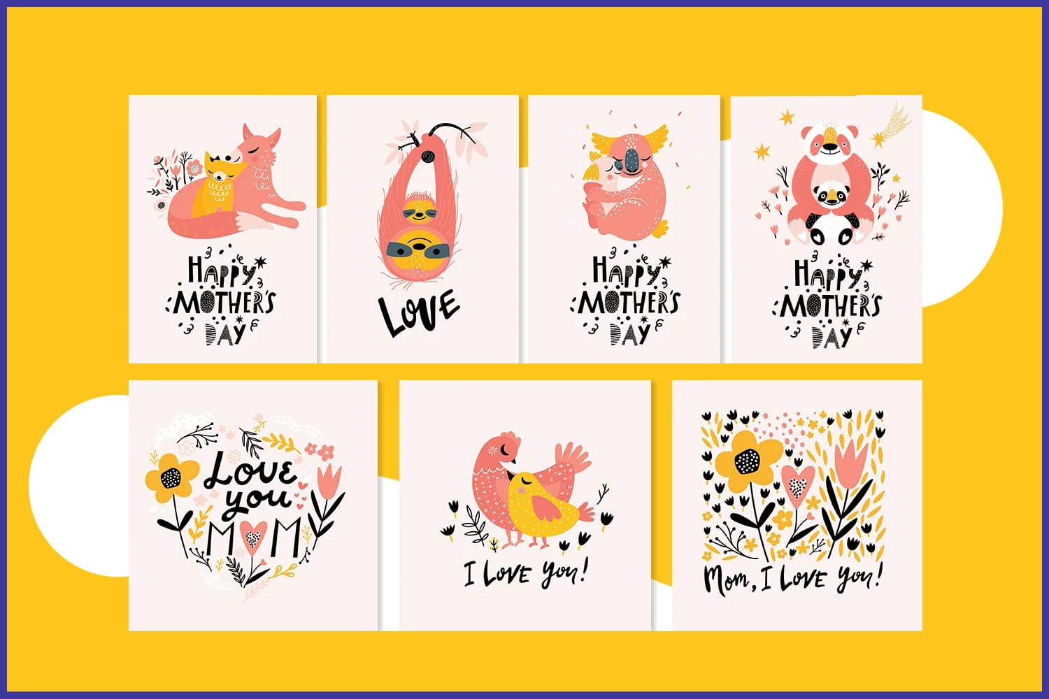 Collage of cards with cute animals, birds and flowers for mother's day.