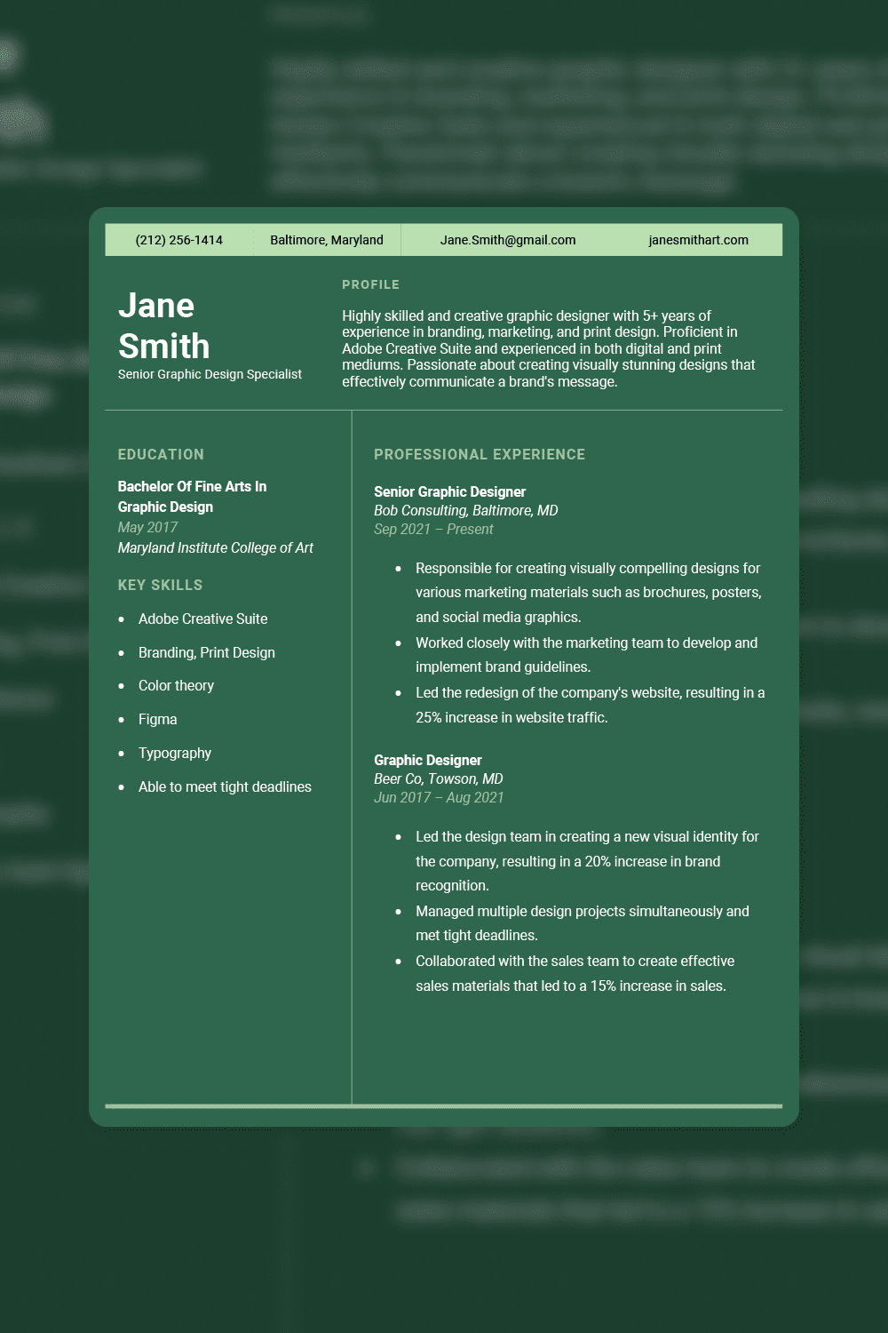 Resume image with green background and white text.