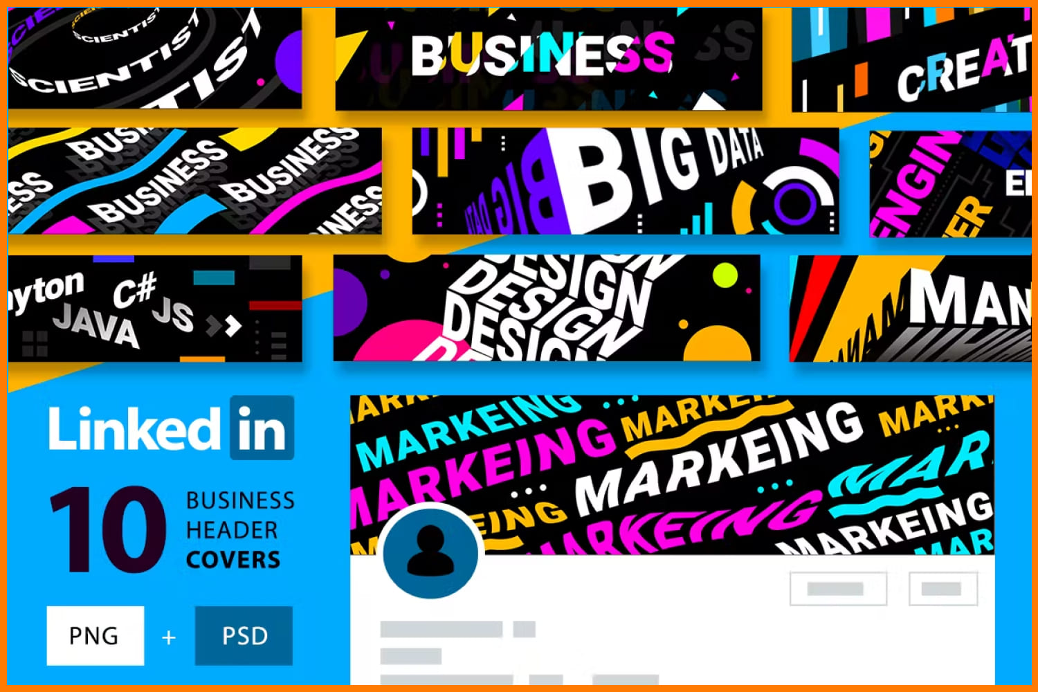 Banners for linkedin with bright colorful words on black background.