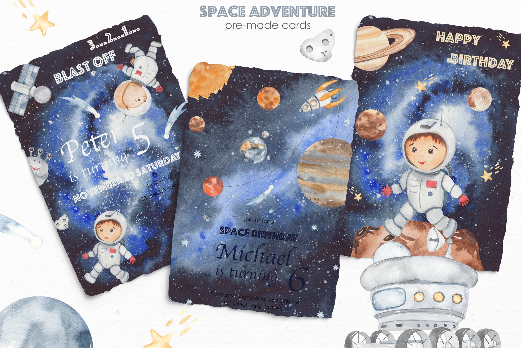 5 space adventure watercolor pre made cards 195