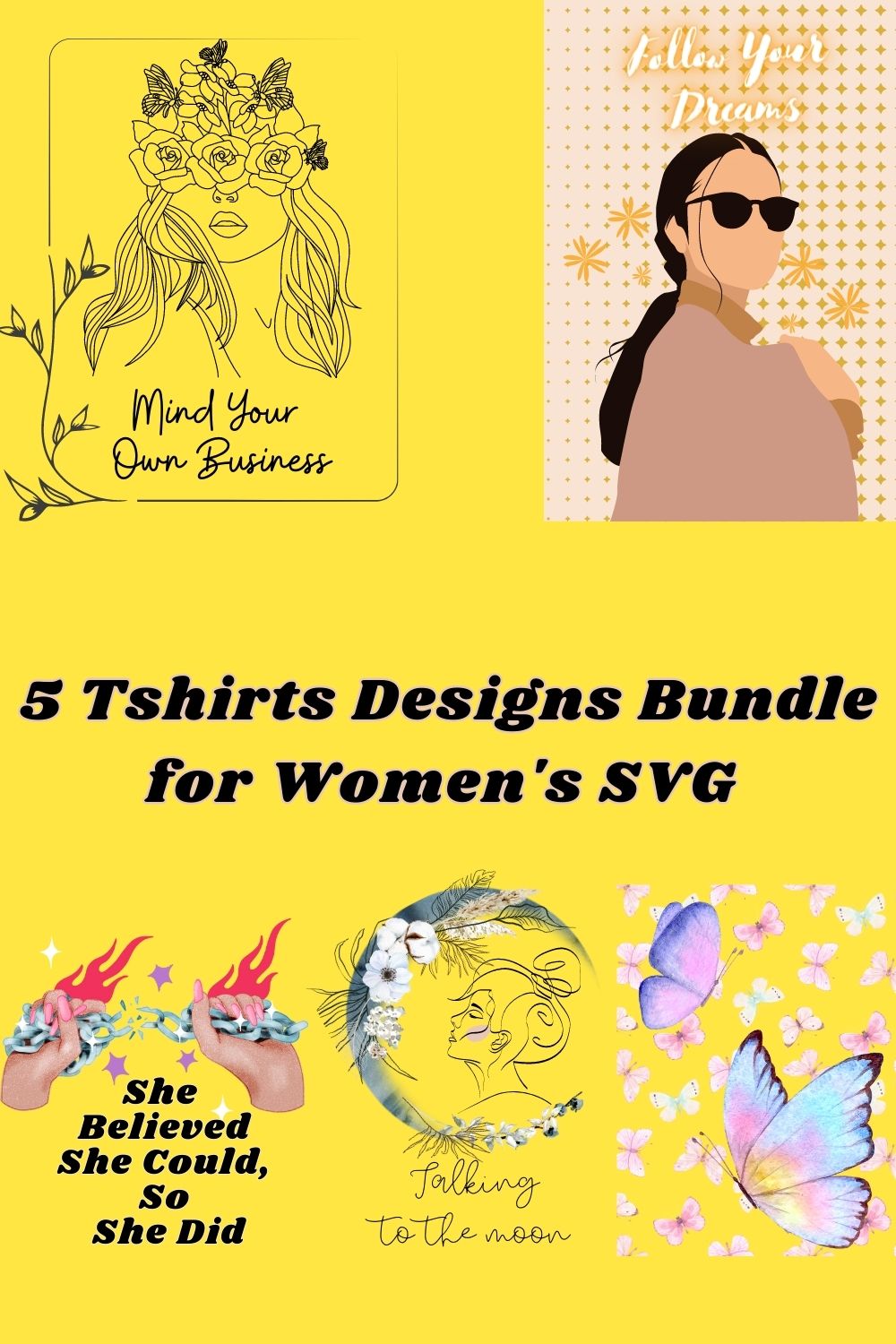 5 Tshirts Designs Bundle for Women's SVG pinterest preview image.