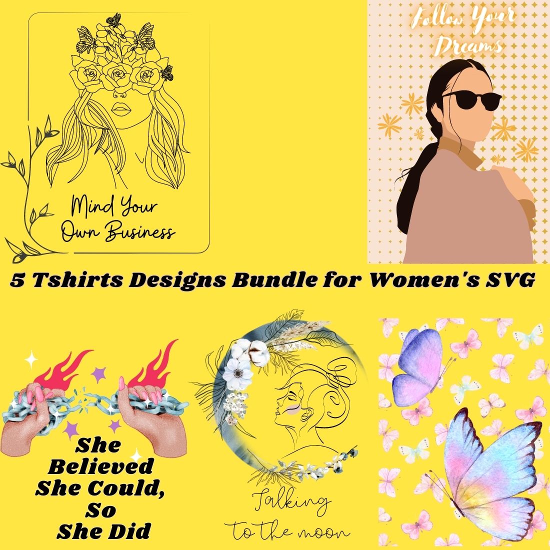 5 Tshirts Designs Bundle for Women's SVG preview image.