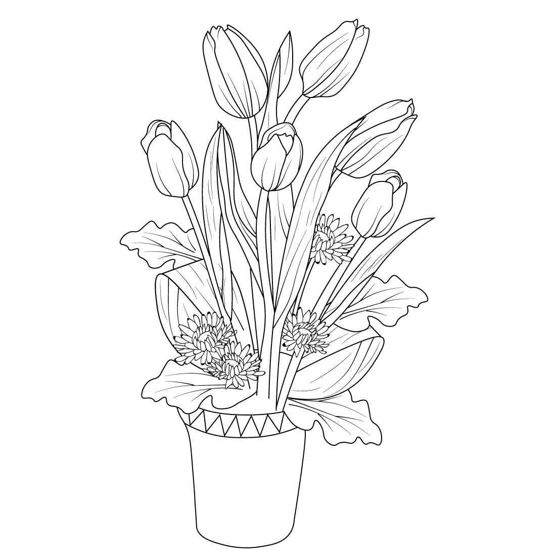 tulips flowers drawing, tulips flowers bouquet, beautiful tulips flowers bouquet, tulip flower line art preview image.