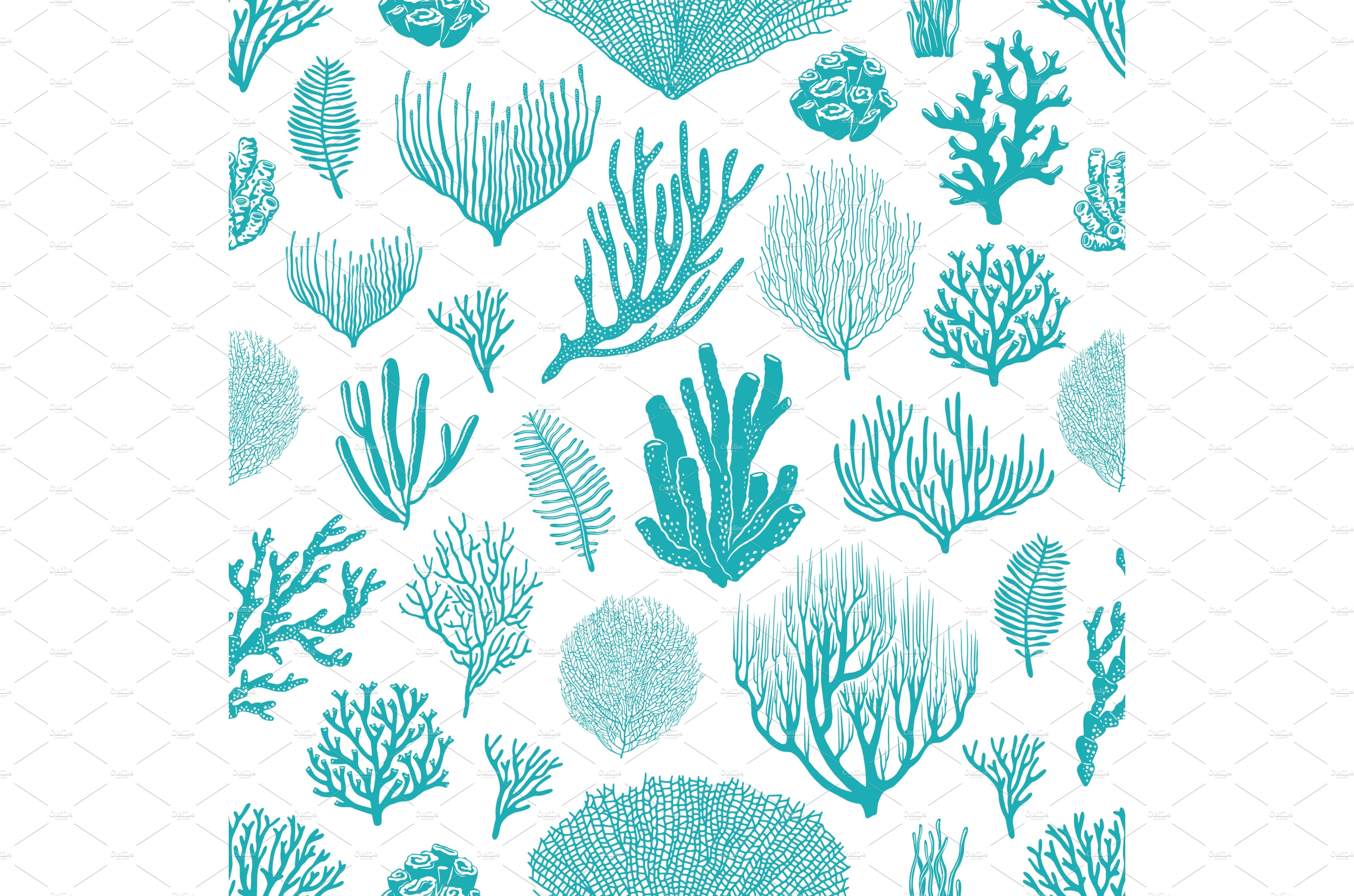 Sea corals, plants seamless pattern cover image.