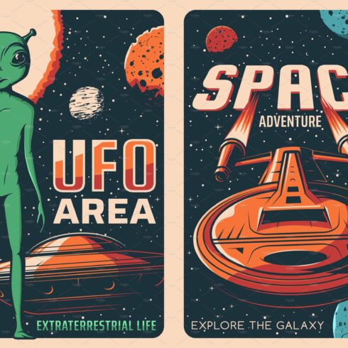 UFO area and spaceship retro poster cover image.