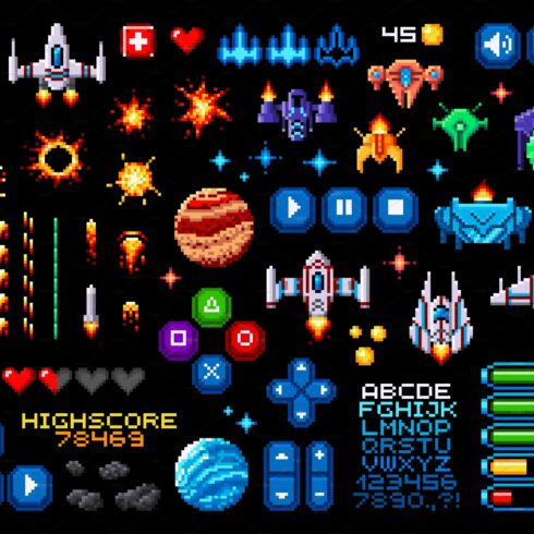 8bit pixel art game asset with space cover image.