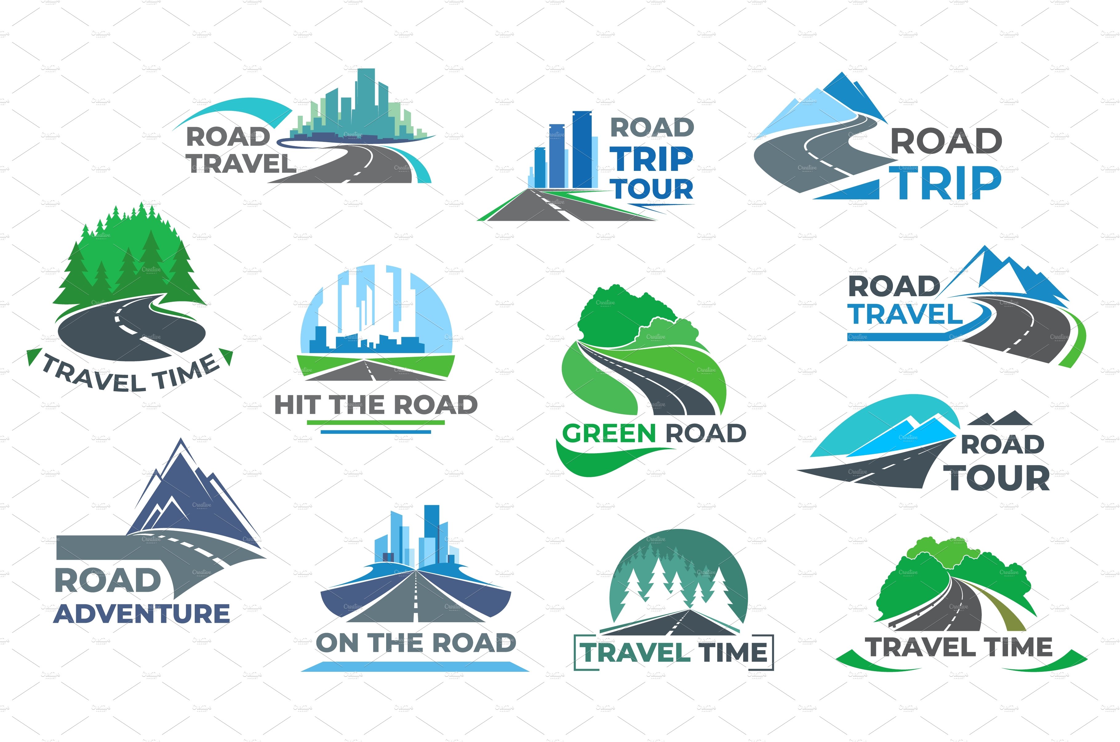 Road travel, highway icons cover image.