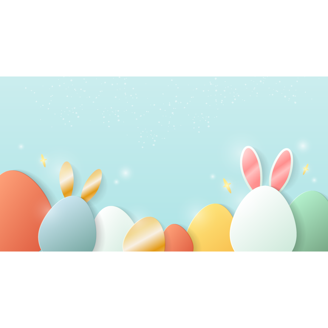 Happy Easter background set with colorful eggs, text and flares Magical Vector illustration for banner, poster, card, sale preview image.
