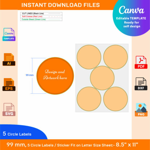5pcs 99 mm CIRCLE or ROUND label sticker dieline template in Letter page cover image.
