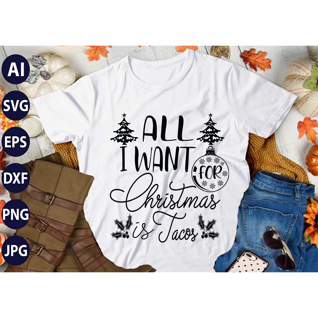 All I Want for Christmas Is Taco, SVG T-Shirt Design |Christmas Retro It's All About Jesus Typography Tshirt Design | Ai, Svg, Eps, Dxf, Jpeg, Png, Instant download T-Shirt | 100% print-ready Digital vector file preview image.