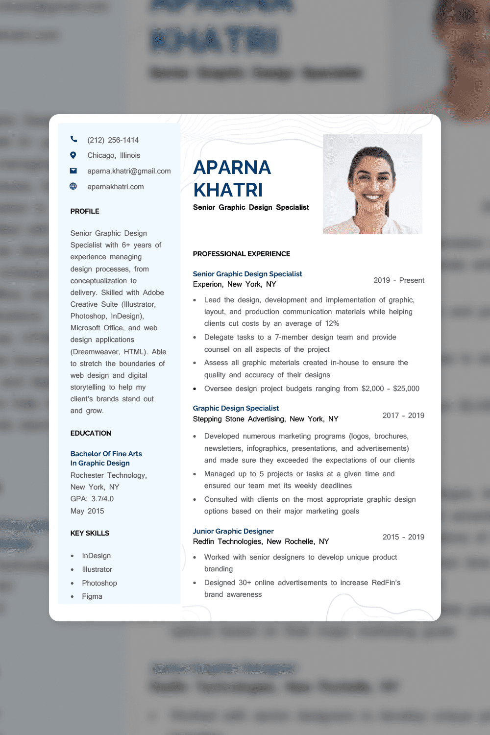 An image of a two-column resume with a photo of a girl.