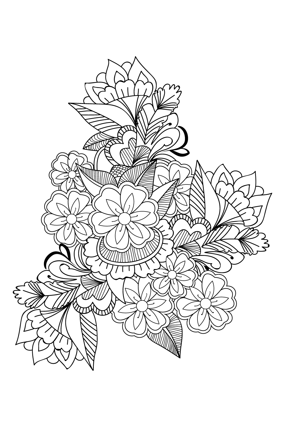 Doodle flower bouquet of line art, lovely design Easy sketch art of peony flower, line art bouquets of floral hand drawn illustration, doodle zentangle, pinterest preview image.