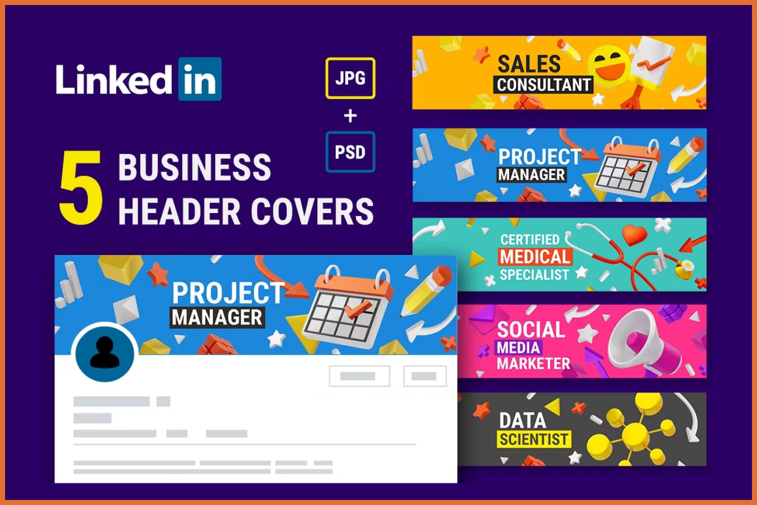 Linkedin banners with bright multi-colored drawings for IT specialists.