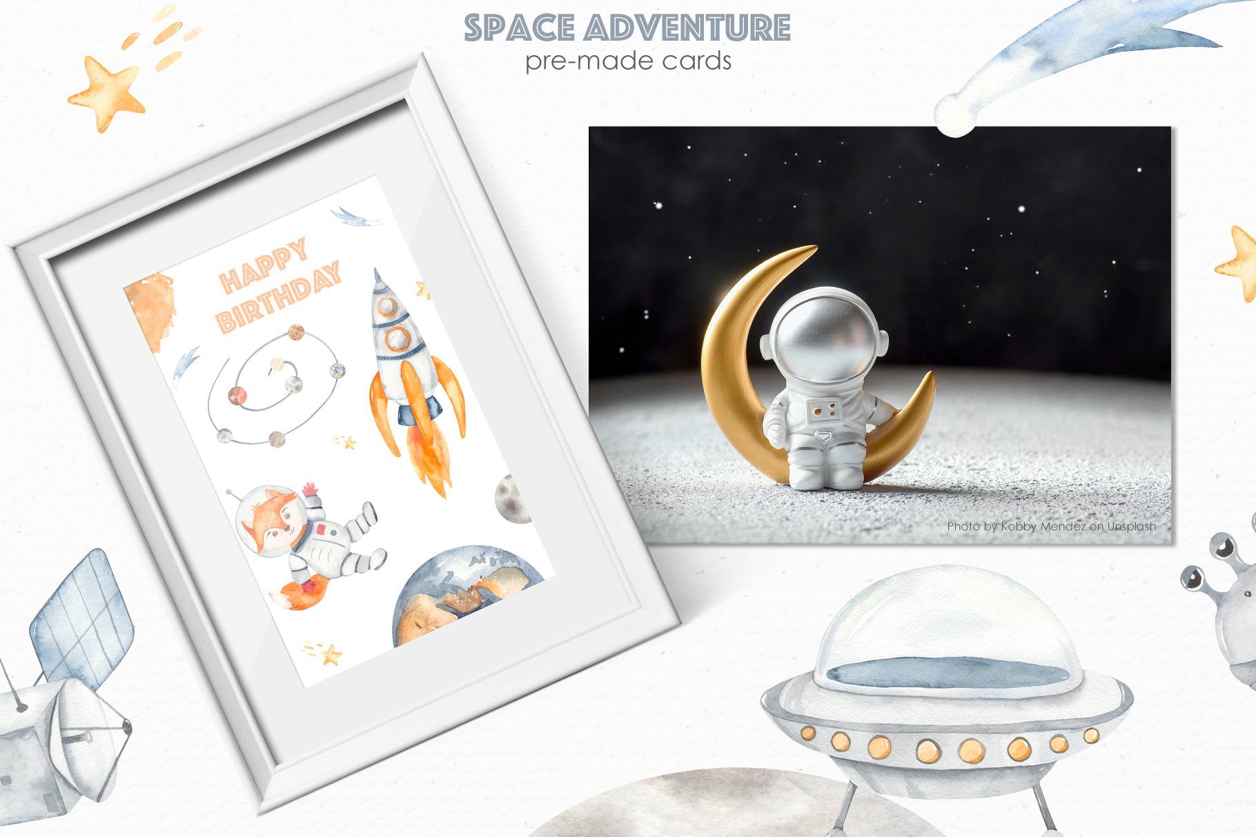 6 space adventure watercolor pre made cards 420