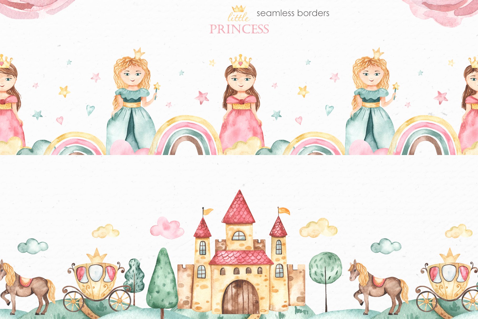 6 watercolor little princess childrens collection seamless border 935
