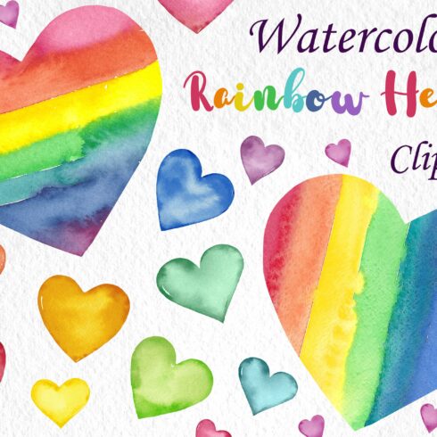 Watercolor Rainbow hearts clipart cover image.