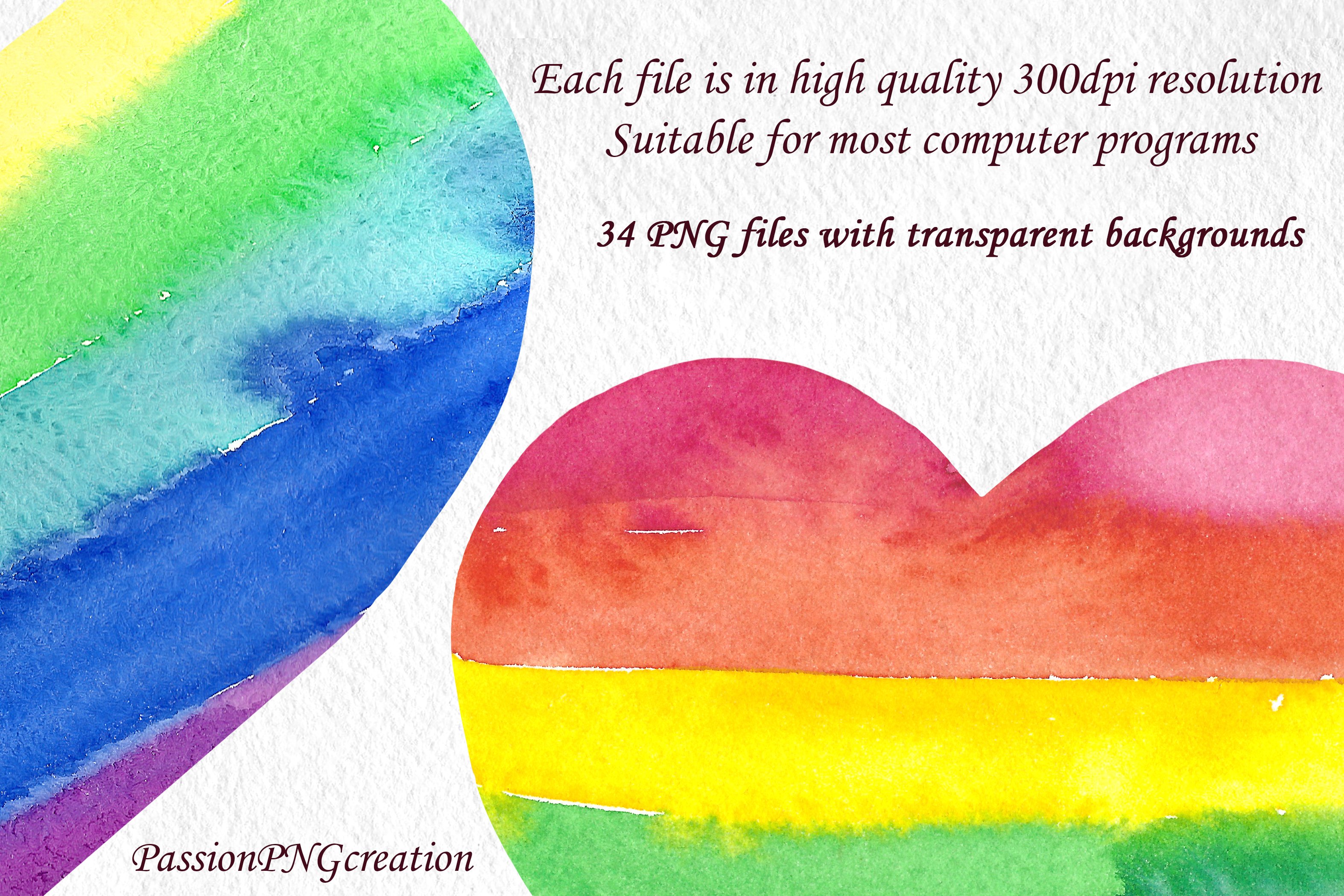 Watercolor Rainbow hearts clipart preview image.