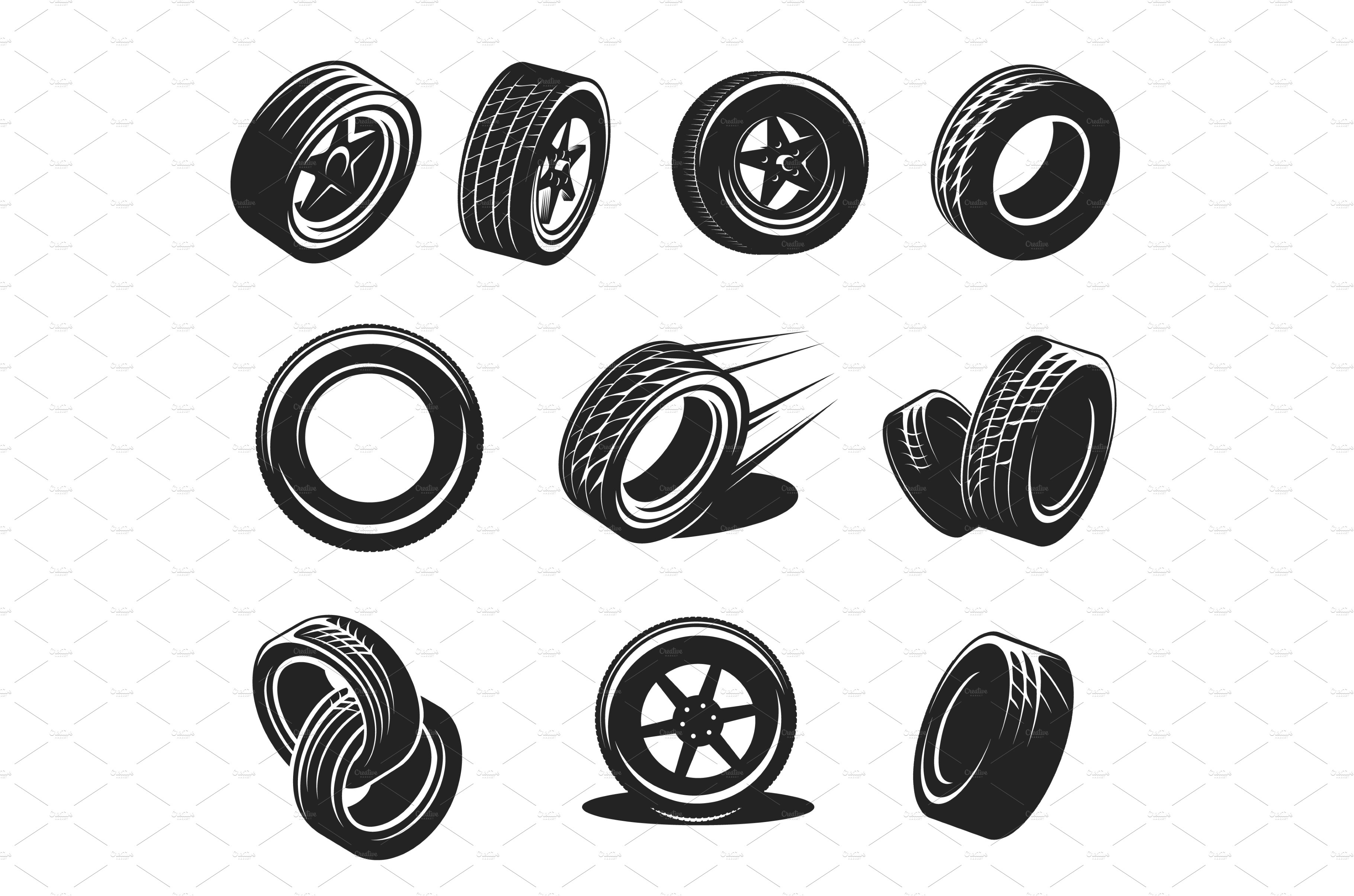 Car wheel tyre, rim disk icons cover image.