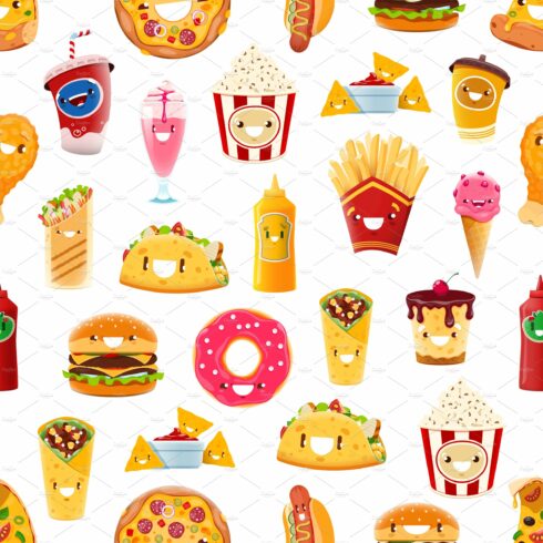 Cartoon fast food seamless pattern cover image.