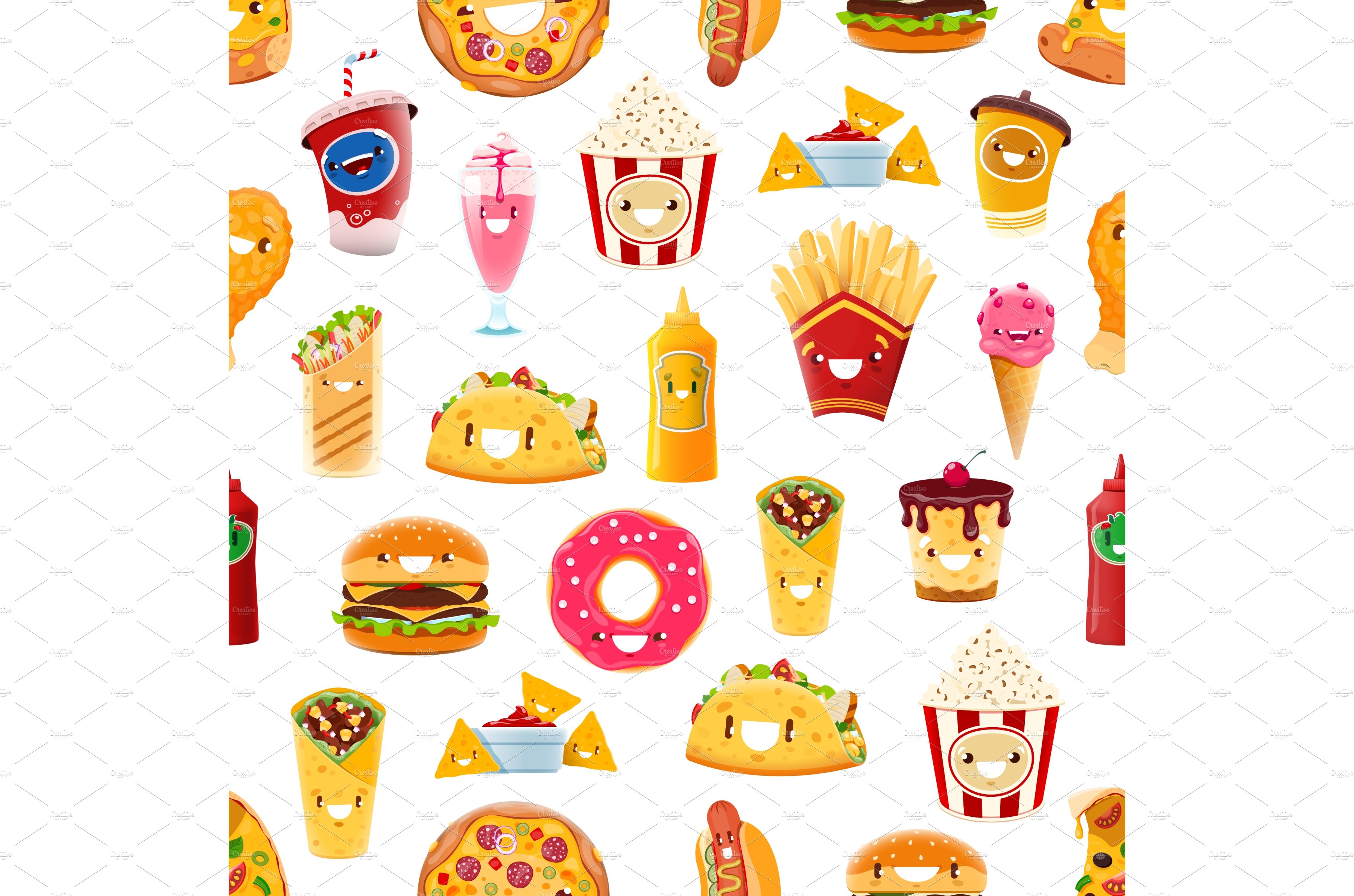 Cartoon fast food seamless pattern cover image.