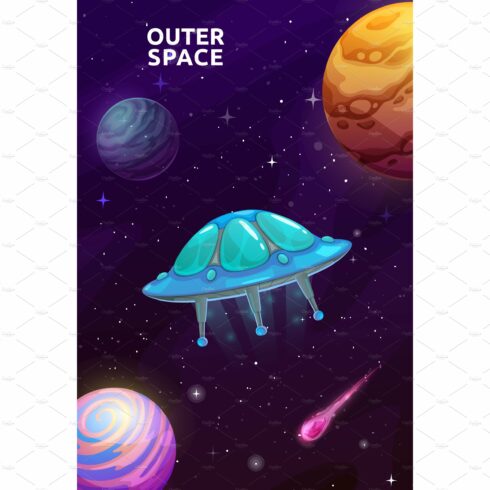 Cartoon UFO in starry galaxy cover image.