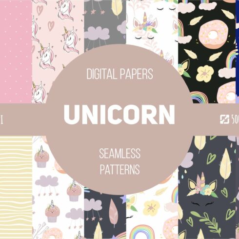 Unicorn patterns. Digital papers cover image.