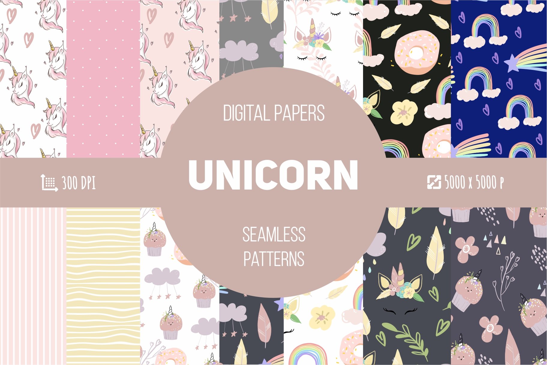 Unicorn patterns. Digital papers cover image.