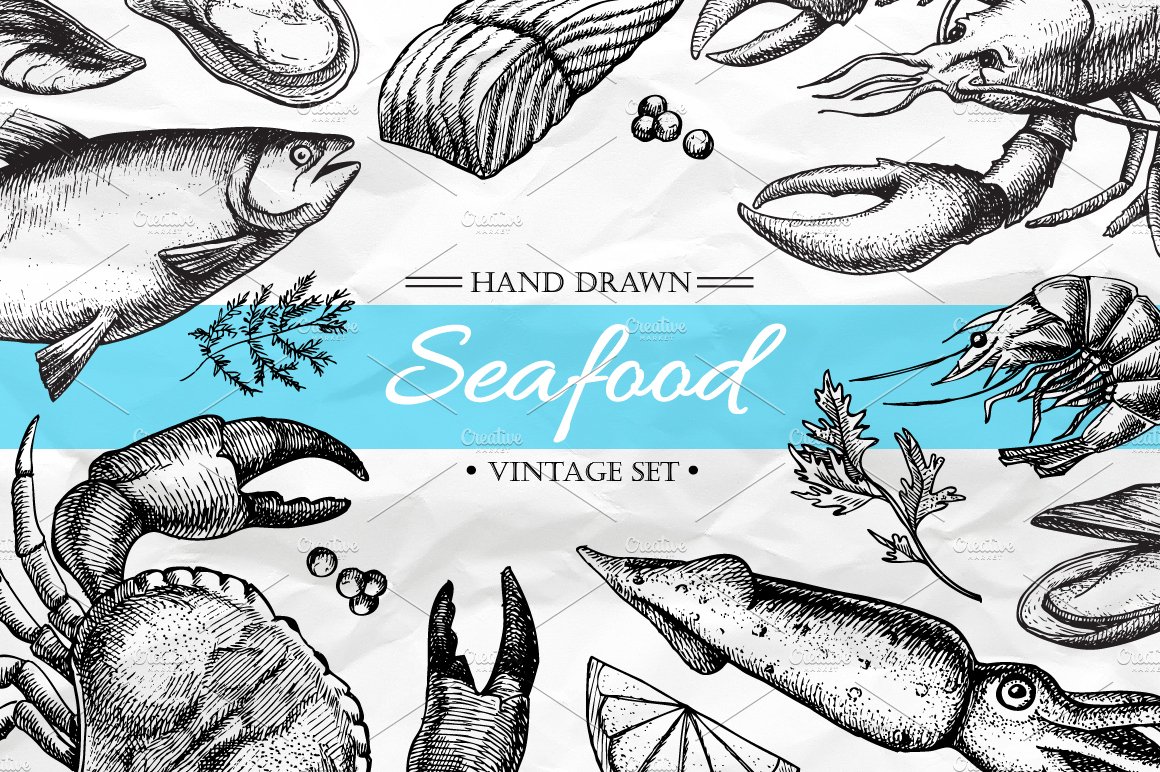 Seafood. Hand Drawn Vintage Set cover image.