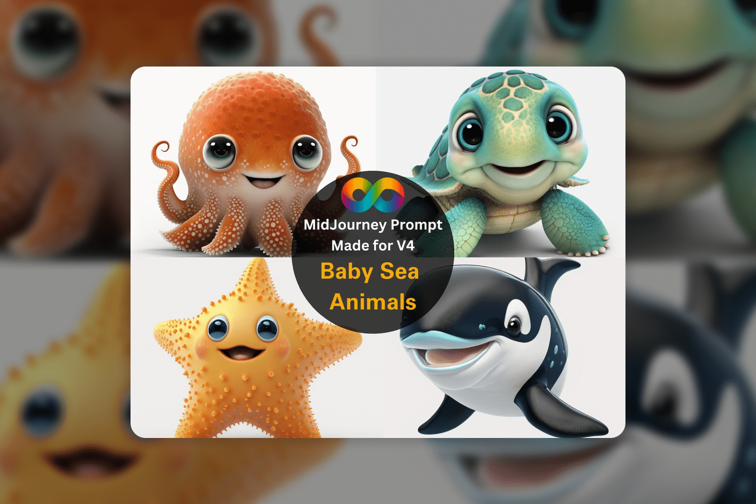 Collage of drawings of sea animals in a cute baby's style.