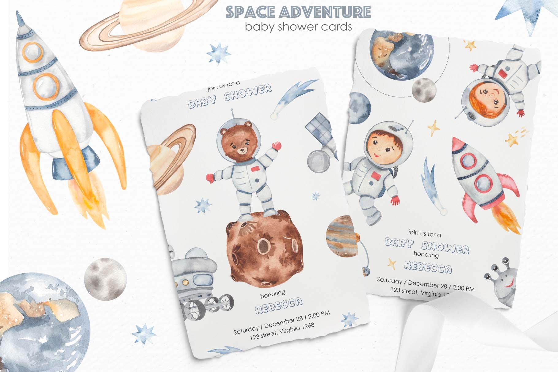 7 space adventure watercolor baby shower cards 508