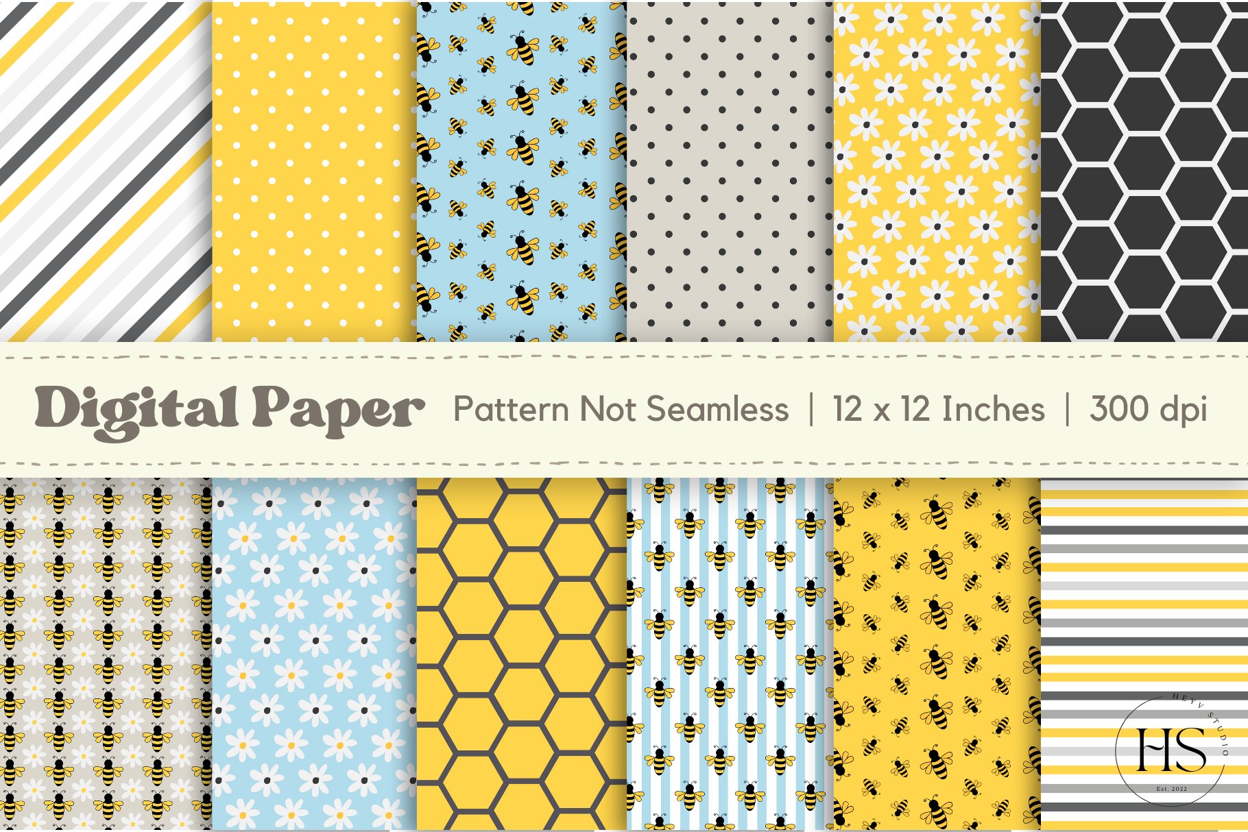 Honey & Bees Digital Paper Patterns cover image.