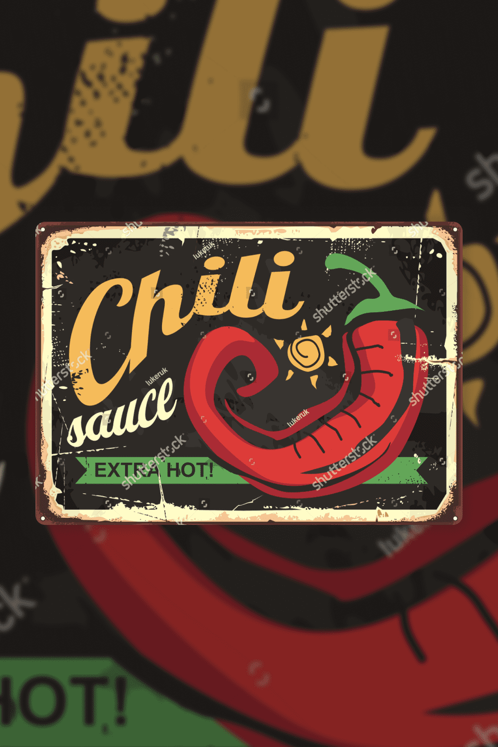 Chili sauce retro tin sign template design. Mexican food vintage advertise with red hot pepper on black background..