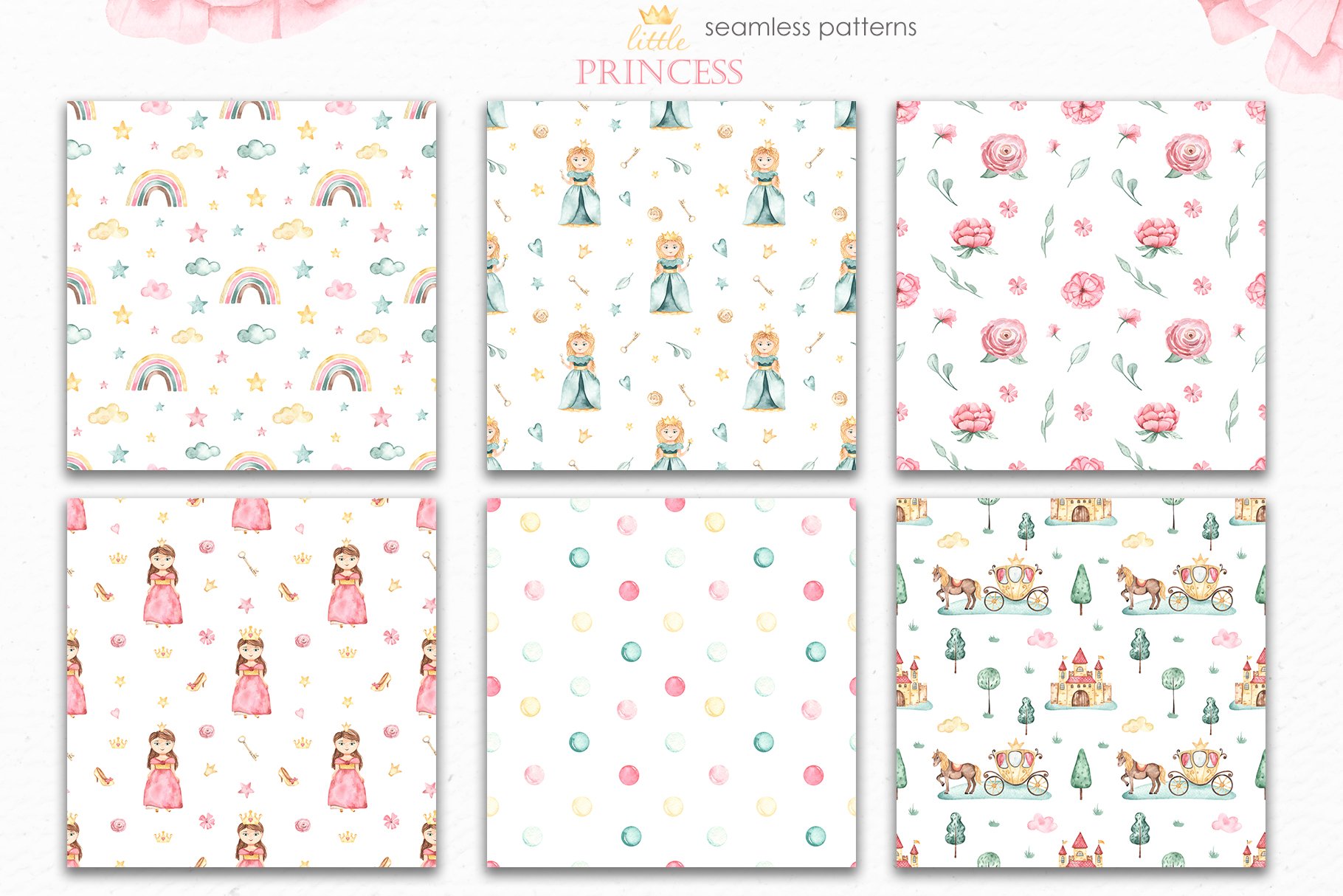 8 watercolor little princess childrens collection seamless patterns 399