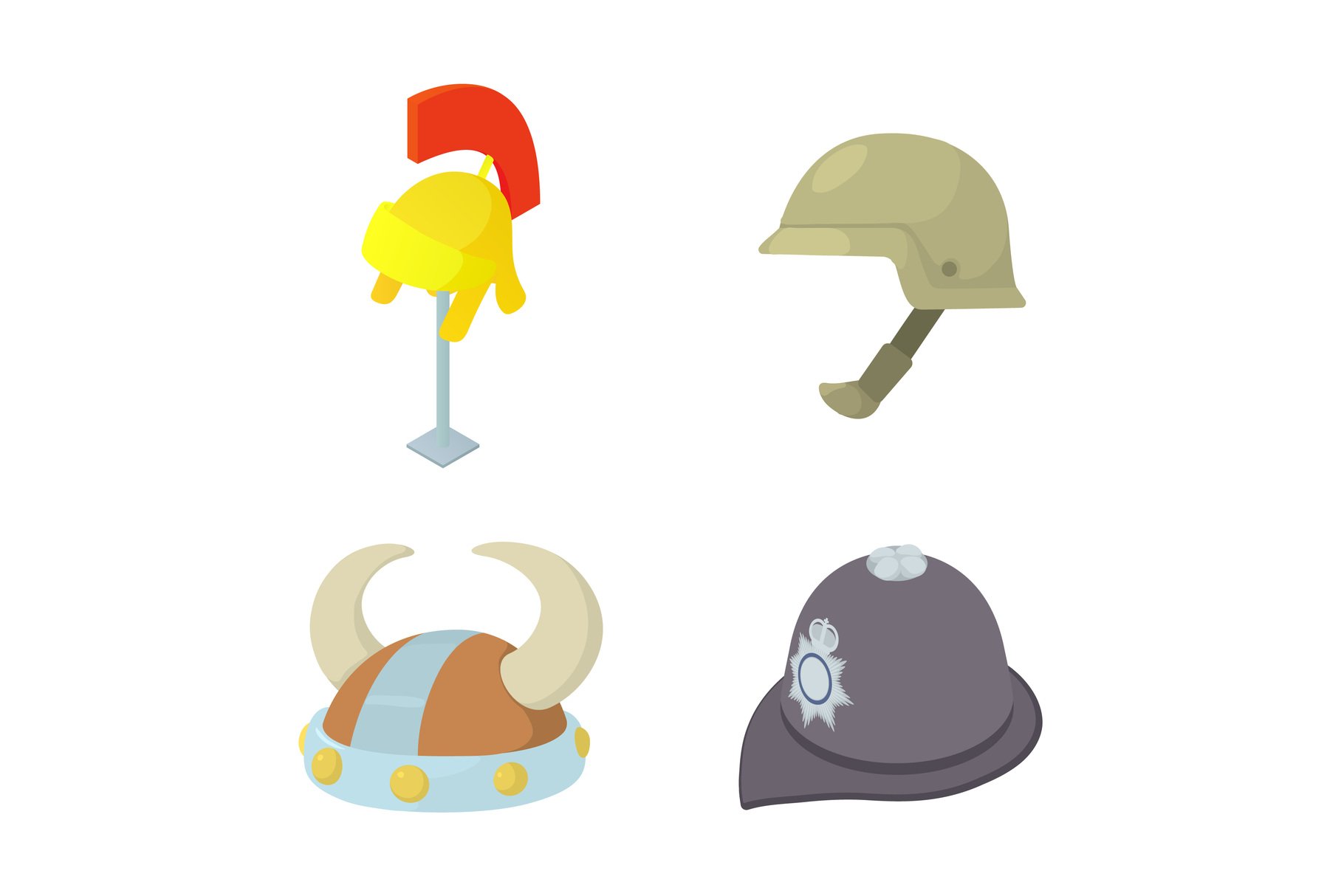 Helmet icon set, cartoon style cover image.