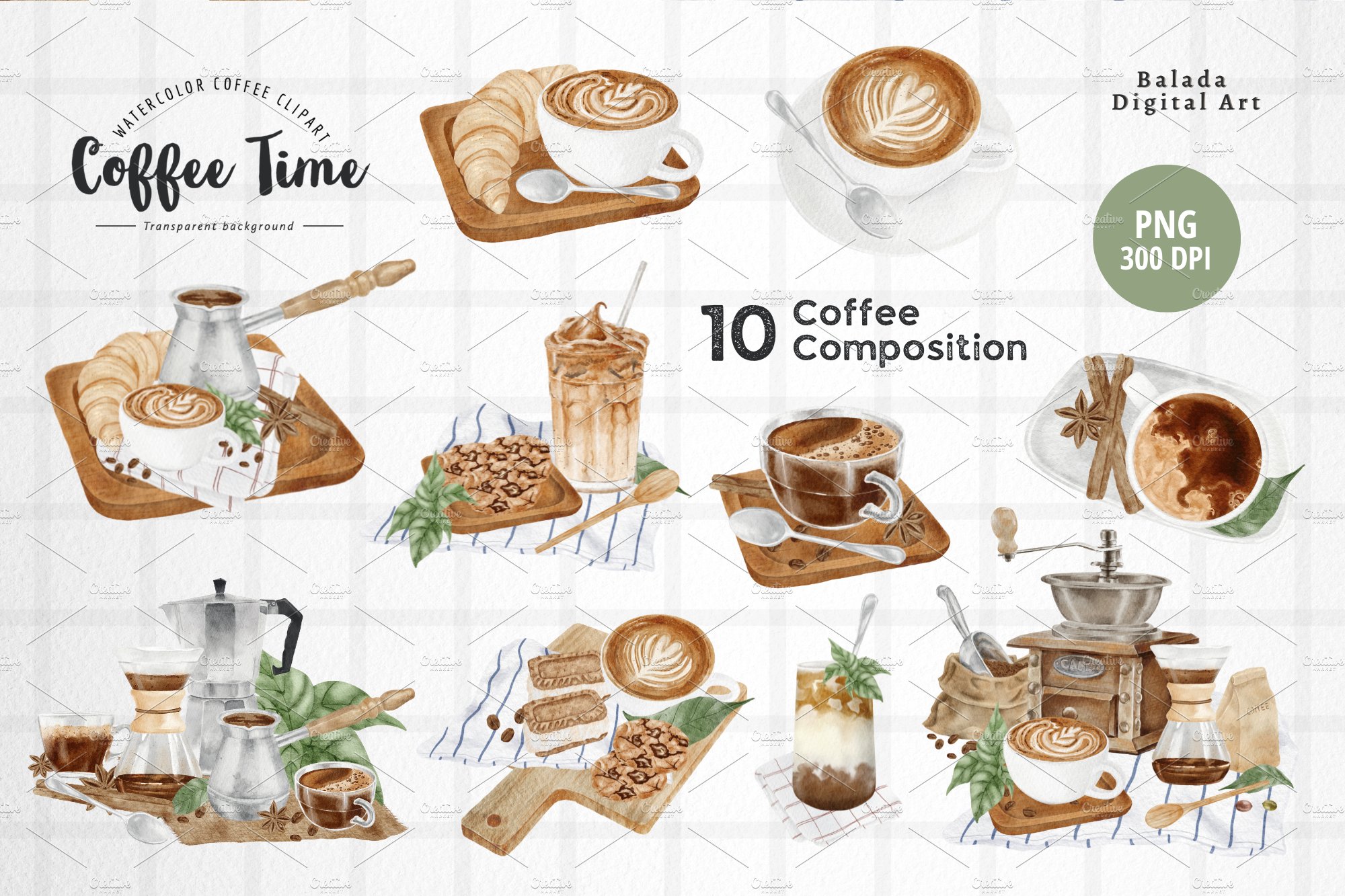 Watercolor Coffee Clipart & Patterns preview image.