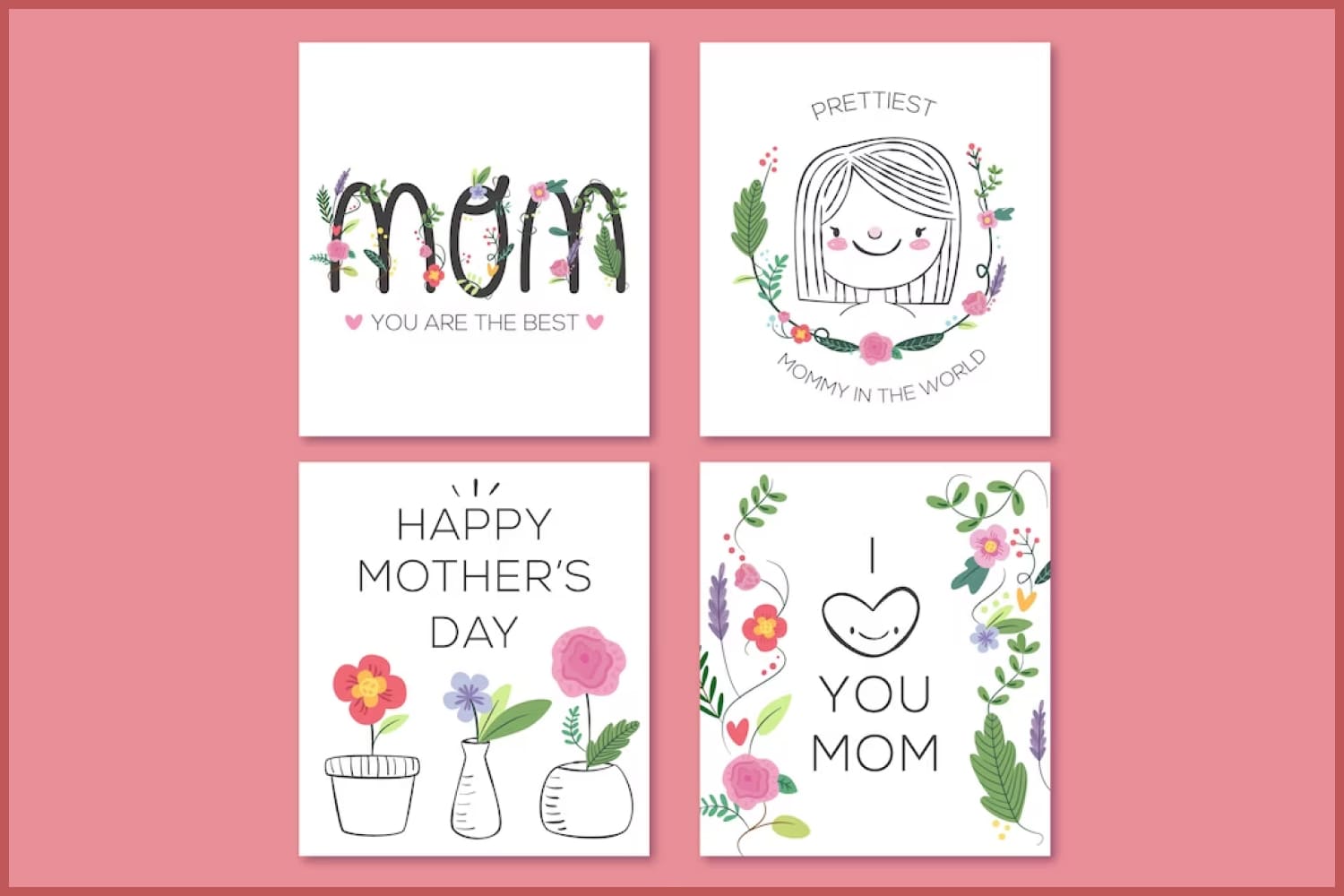 Collage of cards depicting flowers, moms for Mother's Day.