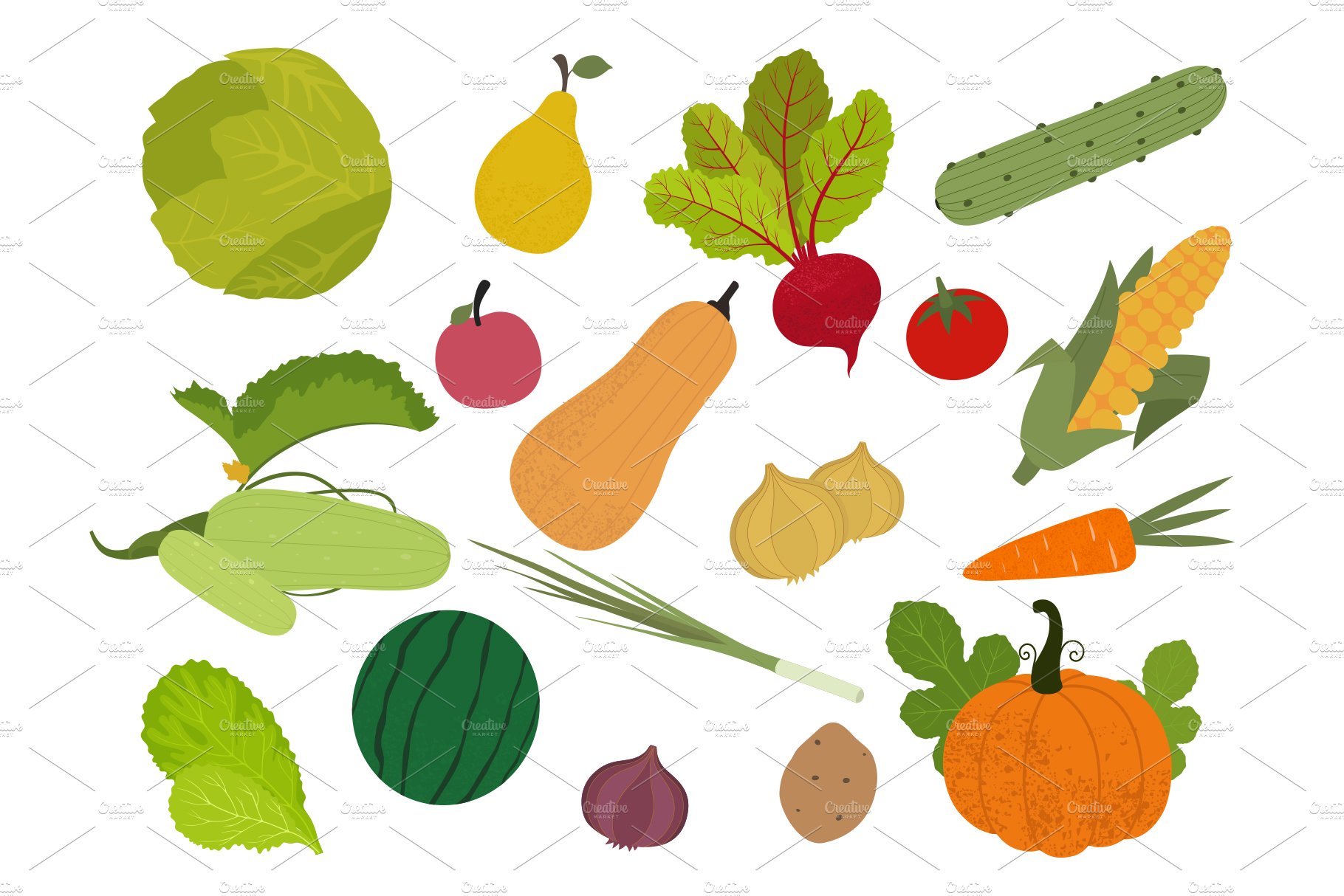 Fruits and vegetables. Flat cover image.