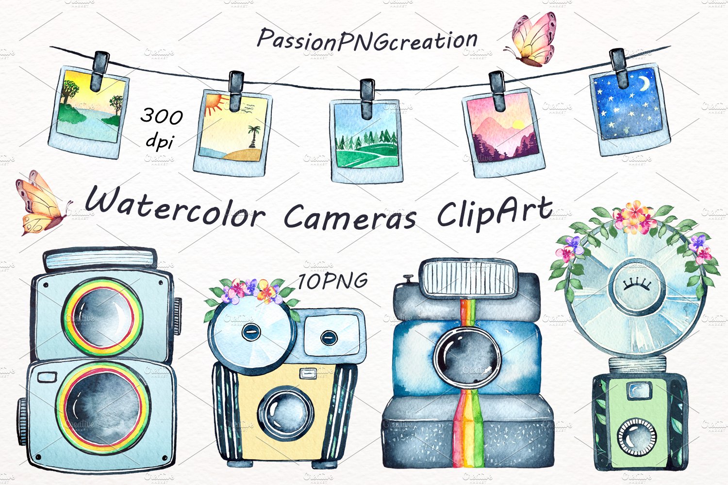 Watercolor Cameras Clipart cover image.