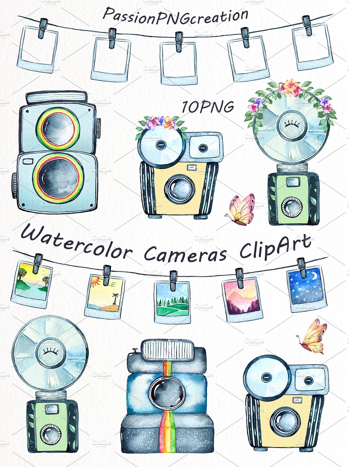 Watercolor Cameras Clipart preview image.