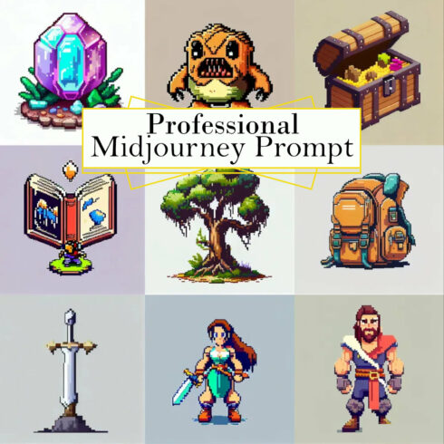 Pixel Video Game Designs Midjourney Prompt cover image.