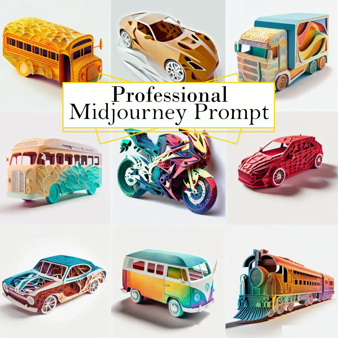 Papercut Art Vehicles Midjourney Prompt cover image.