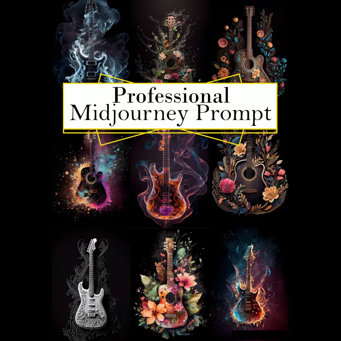 Cool Guitar Graphics Midjourney Prompt cover image.