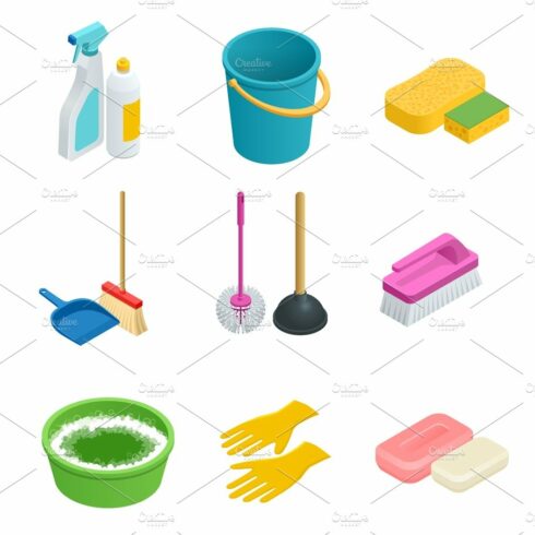 Isometric set of cleaning tools cover image.