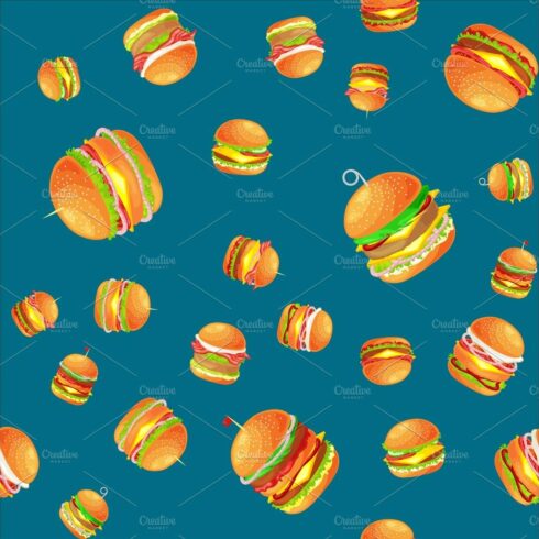 Seamless pattern tasty burger grilled beef and fresh vegetables dressed wit... cover image.
